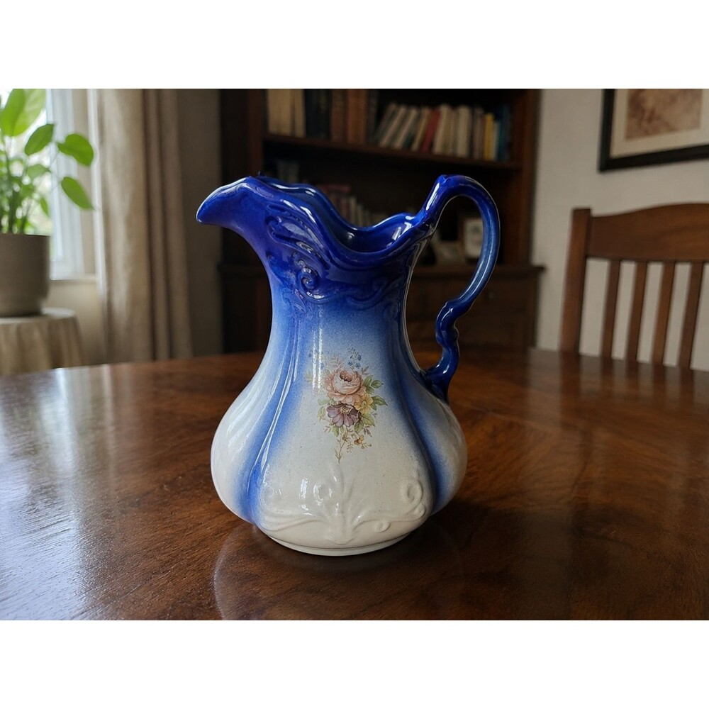 Antique England Ironstone Victorian Blue Large Water Pitcher